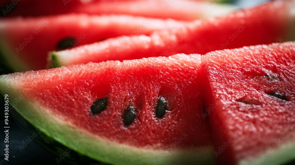 Close-up view of fresh watermelon slices, showcasing vibrant red flesh and black seeds, perfect for summer refreshment or healthy snacking. Close-up view of fresh watermelon slices, showcasing vibrant red flesh and black seeds, perfect for summer refreshment or healthy snacking.