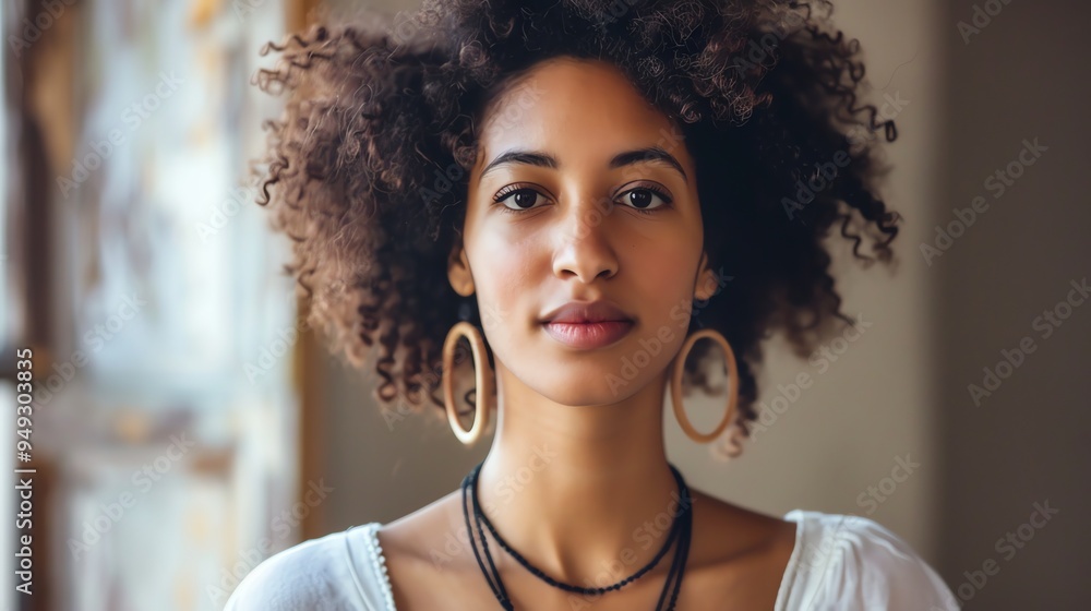 A woman with dark skin and curly hair looks confidently at the camera. A woman with dark skin and curly hair looks confidently at the camera.