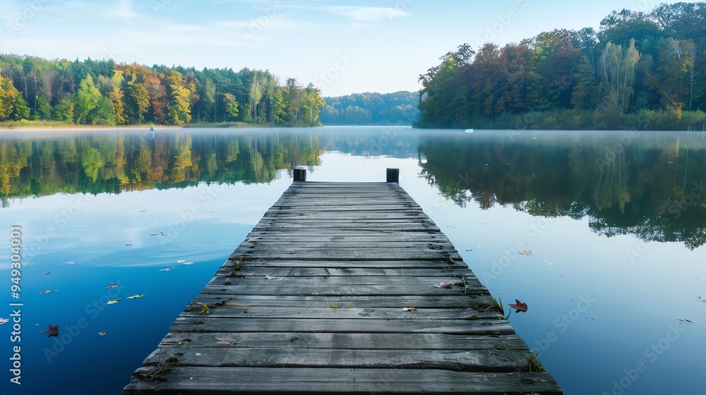 Obraz premium A wooden dock leads into a calm, misty lake in a park.