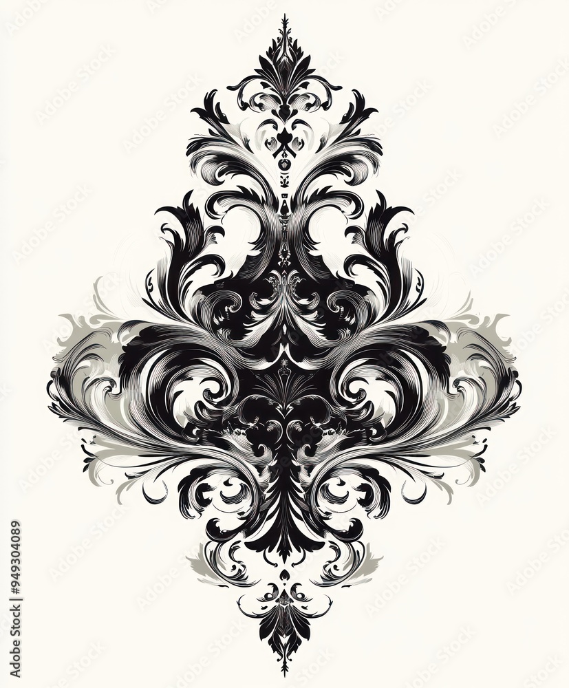 Ornate black and white floral design with intricate patterns.