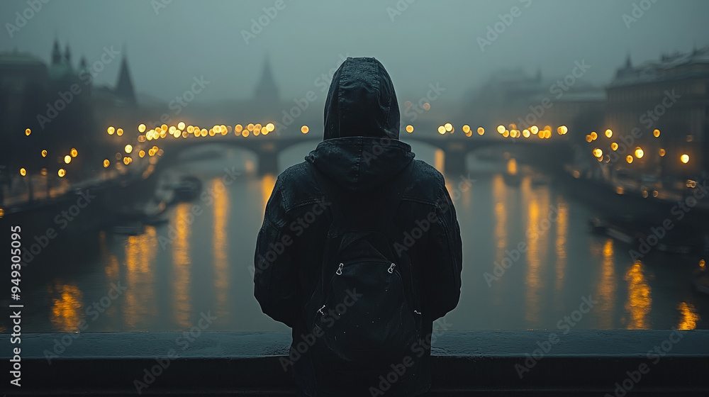 photo of back of sad teenager in hoodie standing on bridge over river in city at night, street lights, negative emotions, lonely man, boy, person, people, world suicide prevention day, depression photo of back of sad teenager in hoodie standing on bridge over river in city at night, street lights, negative emotions, lonely man, boy, person, people, world suicide prevention day, depression