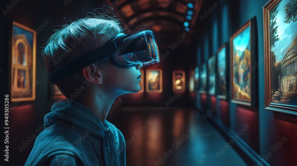 Boy Immersed in VR Art Gallery Experience Boy Immersed in VR Art Gallery Experience