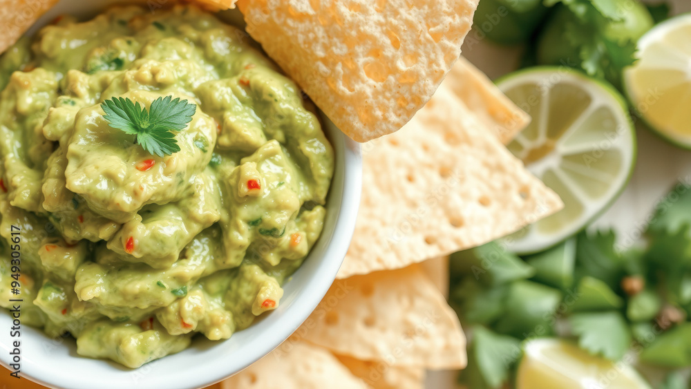 Bowl of Guacamole with Tortilla Chips and Limes Bowl of Guacamole with Tortilla Chips and Limes
