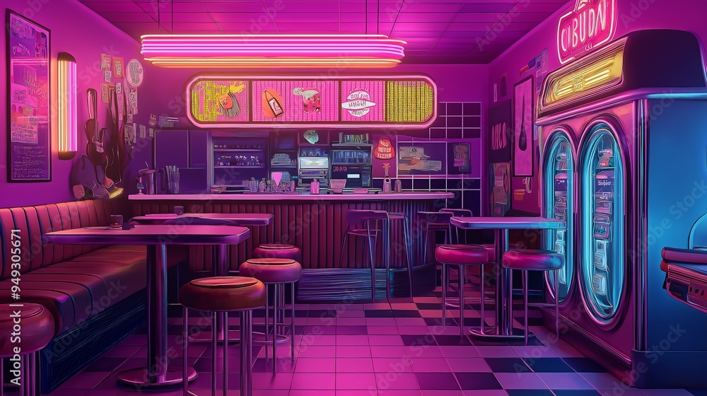 Neon Retro Bar Interior Illustration Neon Retro Bar Interior Illustration