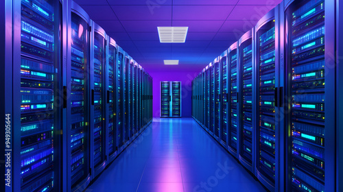 Rows of Servers in a Modern Data Center, Illuminated by Neon Lights