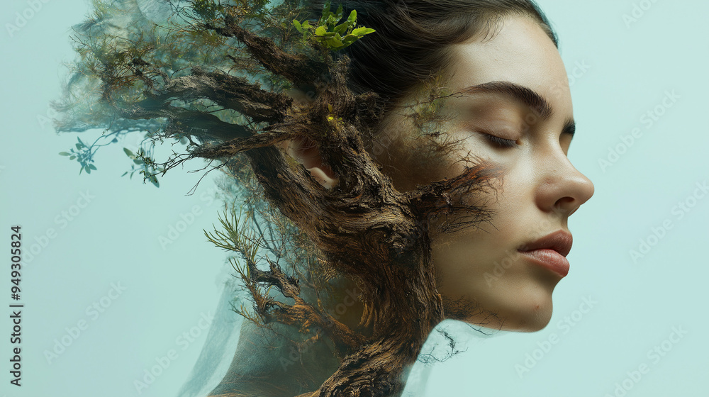 Close-up portrait of a brunette woman with flawless skin and a tree on the face symbolizing nature, closed eyes, and full lips Close-up portrait of a brunette woman with flawless skin and a tree on the face symbolizing nature, closed eyes, and full lips