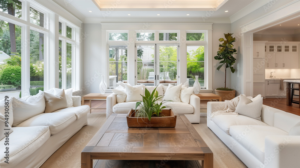 Spacious living room interior design with a white sofa, wooden coffee table, and large windows.
Spacious living room interior design with a white sofa, wooden coffee table, and large windows.