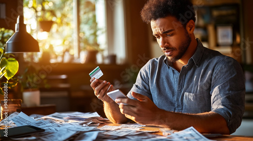 Man holding a phone who can't pay credit card debts, financial press