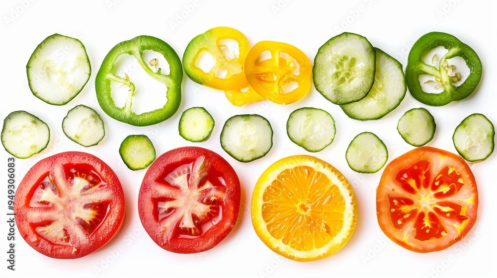 Backlit vegetable slices isolated on white background. Transparent food composition. Backlit vegetable slices isolated on white background. Transparent food composition.