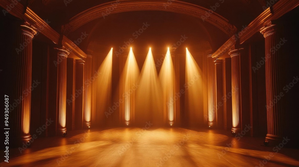 Fototapeta premium An elegant stage illuminated by warm, golden lights, featuring classical columns and a polished wooden floor, perfect for performances.