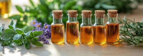 Bottles of essential oil surrounded by fresh herbs and flowers, perfect for wellness, home remedies, and aromatherapy.