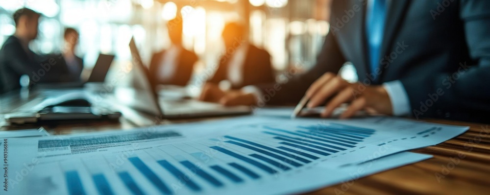 Close-up of a professional analyzing data on a document with graphs and charts in a modern office setting. Close-up of a professional analyzing data on a document with graphs and charts in a modern office setting.