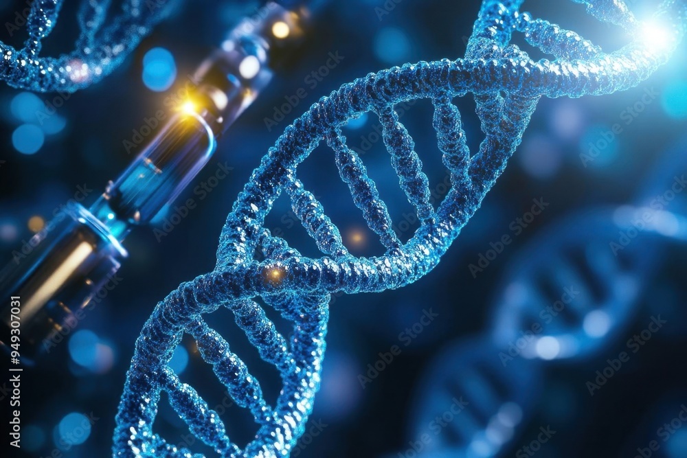Close-up view of blue DNA strands, representing genetic research and biotechnology innovations in a scientific background. Close-up view of blue DNA strands, representing genetic research and biotechnology innovations in a scientific background.