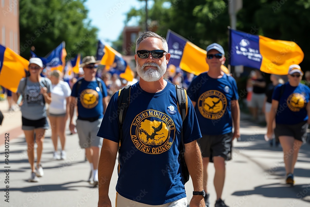 Fototapeta premium Constitution Day with a patriotic march through historic downtown, illustrated in a scene where people march through the streets of a historic town, holding banners that celebrate the U.S. Constitutio