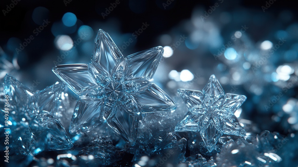 Large icy crystals form traditional Christmas decorations resembling stars and snowflakes, enhancing the winter atmosphere beautifully. Generative AI Large icy crystals form traditional Christmas decorations resembling stars and snowflakes, enhancing the winter atmosphere beautifully. Generative AI