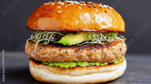 Delicious gourmet burger with fresh toppings, including avocado, sprouts, and a perfectly grilled patty on a sesame bun.