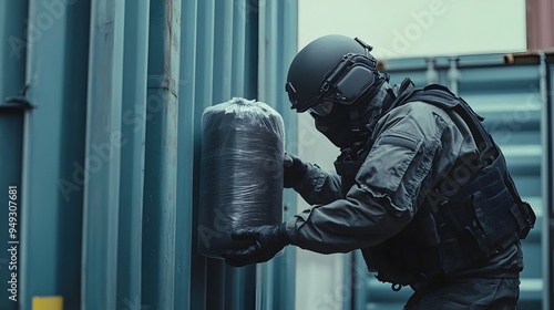 EOD Officer Securing Suspect Package in Bomb proof Container for Transport photo