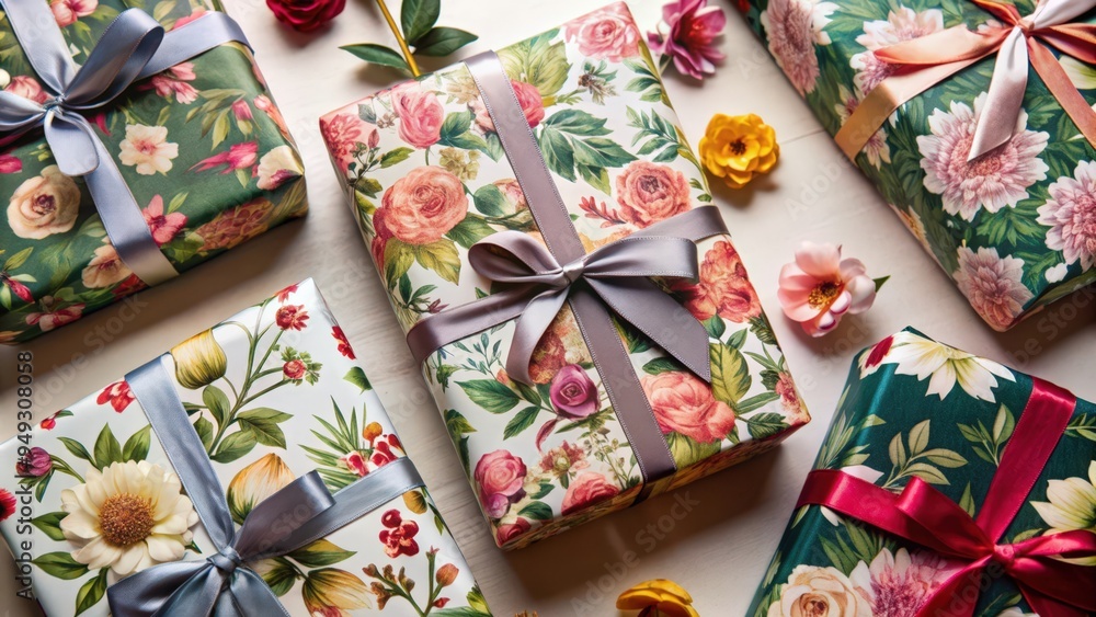 Fototapeta premium Five Gift Boxes Wrapped in Floral Patterned Paper