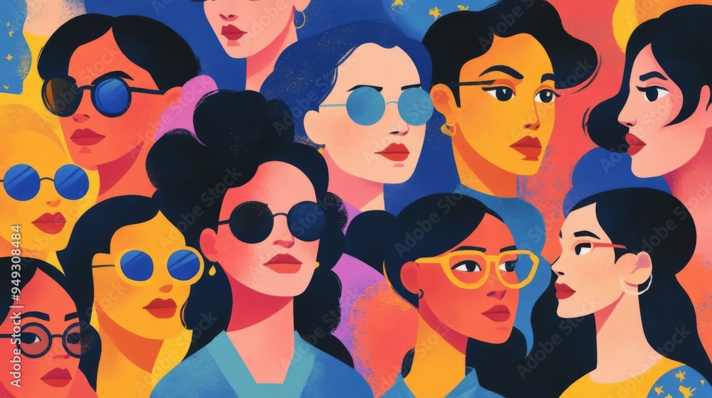 Vibrantly Colored Illustration of Stylish Women with Sunglasses and Bold Expressions Vibrantly Colored Illustration of Stylish Women with Sunglasses and Bold Expressions