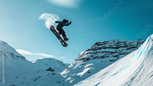 A snowboarder in a black jacket jumps off a snow-covered mountain. photo