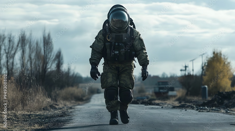 Fototapeta premium Explosive Ordnance Disposal Officer in Protective Suit Conducting Security Check on Road