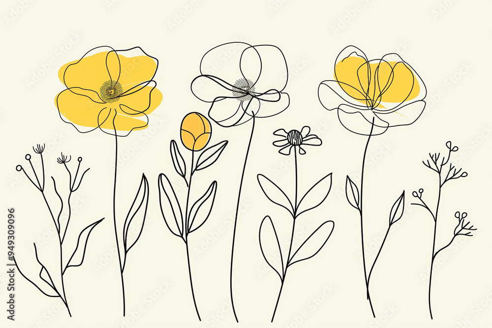 Naklejka premium Continuous line drawing set of flowers. Plants one line illustration. Minimalist Prints vector illustration