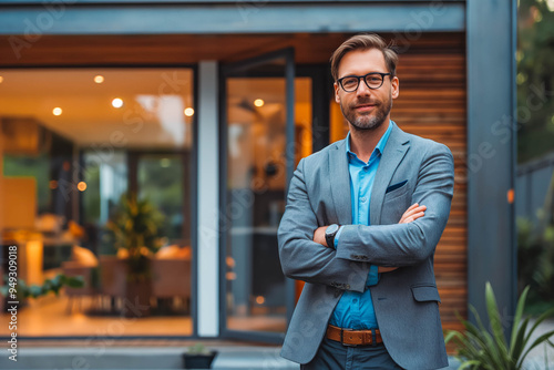 Confident American man real estate agent stands proudly outside a modern home, radiating expertise and approachability, ready to assist potential house buyers