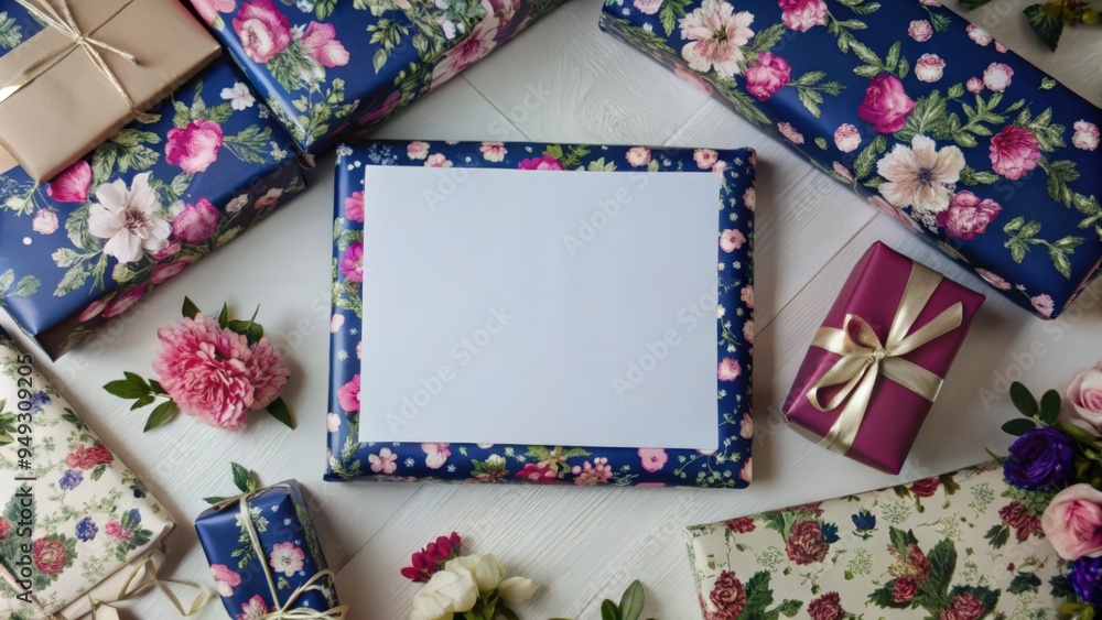 Obraz premium Gift Wrapped with Floral Paper on a White Background