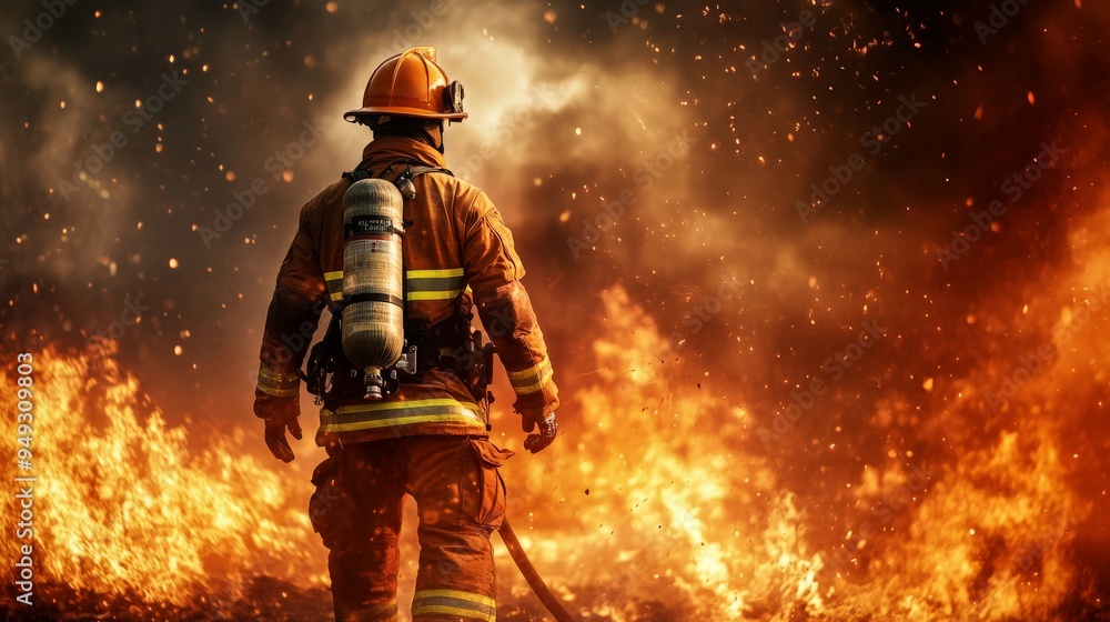 Firefighter in action battling a blazing wildfire, with flames and smoke surrounding them, showcasing bravery and dedication. Firefighter in action battling a blazing wildfire, with flames and smoke surrounding them, showcasing bravery and dedication.