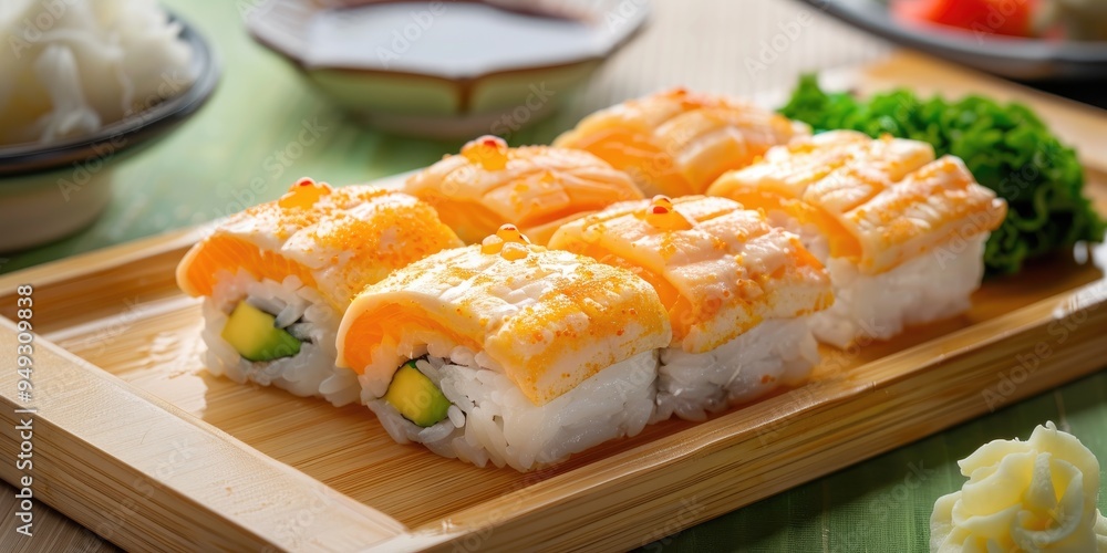 Sushi nigiri with Tamagoyaki served on a wooden platter Sushi nigiri with Tamagoyaki served on a wooden platter