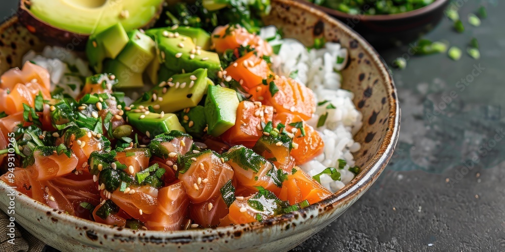 Hawaiian Poke Bowl with Salmon Rice Chuka and Avocado Hawaiian Poke Bowl with Salmon Rice Chuka and Avocado