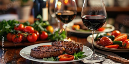 Succulent steak and vibrant vegetables accompanied by a glass of red wine on the dining table.