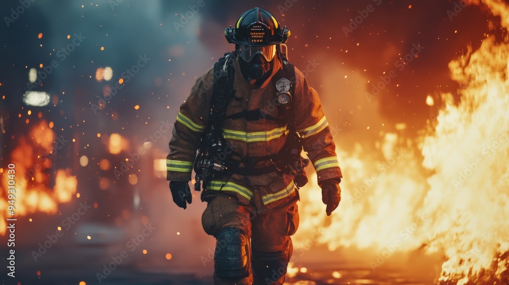 Firefighter in full gear walking through flames and smoke, showcasing bravery and dedication in a dangerous situation. Firefighter in full gear walking through flames and smoke, showcasing bravery and dedication in a dangerous situation.