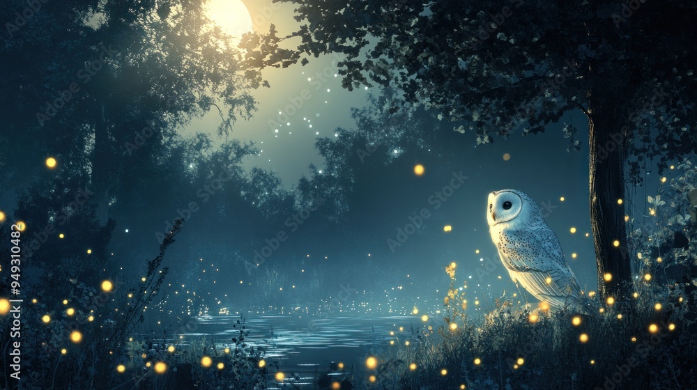 Enchanted Forest Night with Owl and Fireflies Enchanted Forest Night with Owl and Fireflies