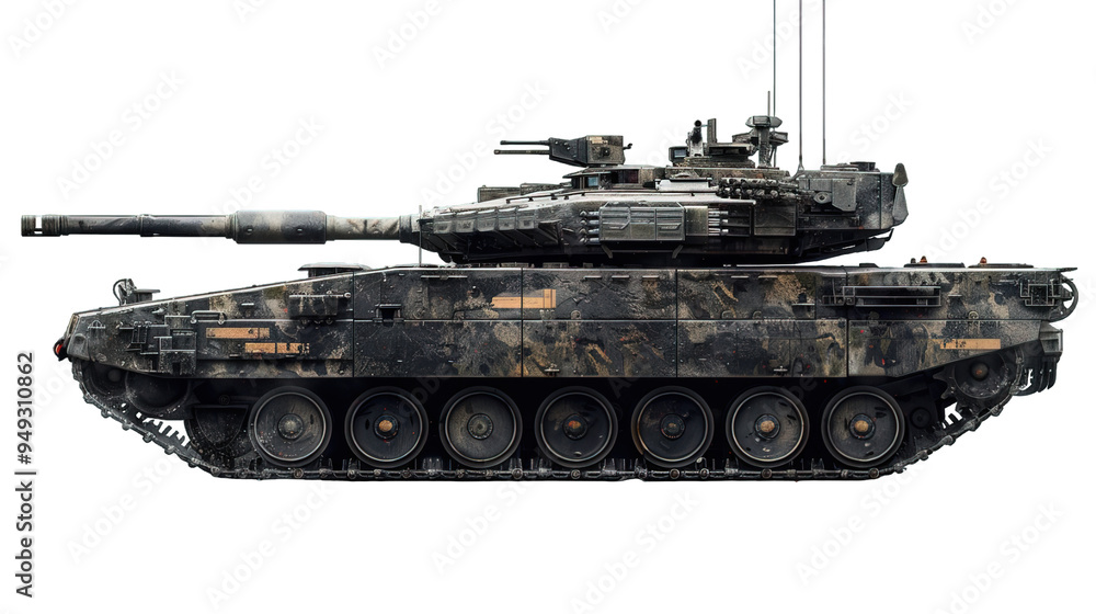 side view Military tank with camouflage paint and a large cannon isolated on transparent background, generative ai side view Military tank with camouflage paint and a large cannon isolated on transparent background, generative ai