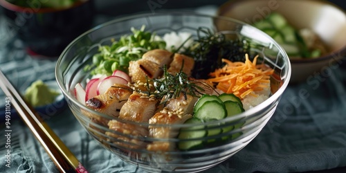 Components for a rice bowl featuring chicken, radish, cucumber, seaweed, pickled veggies, and bonito flakes, presented with utensils in a clear glass cup on a tablecloth. photo