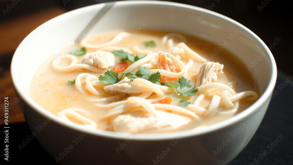 Closeup of Chicken Noodle Soup in a White Bowl Closeup of Chicken Noodle Soup in a White Bowl