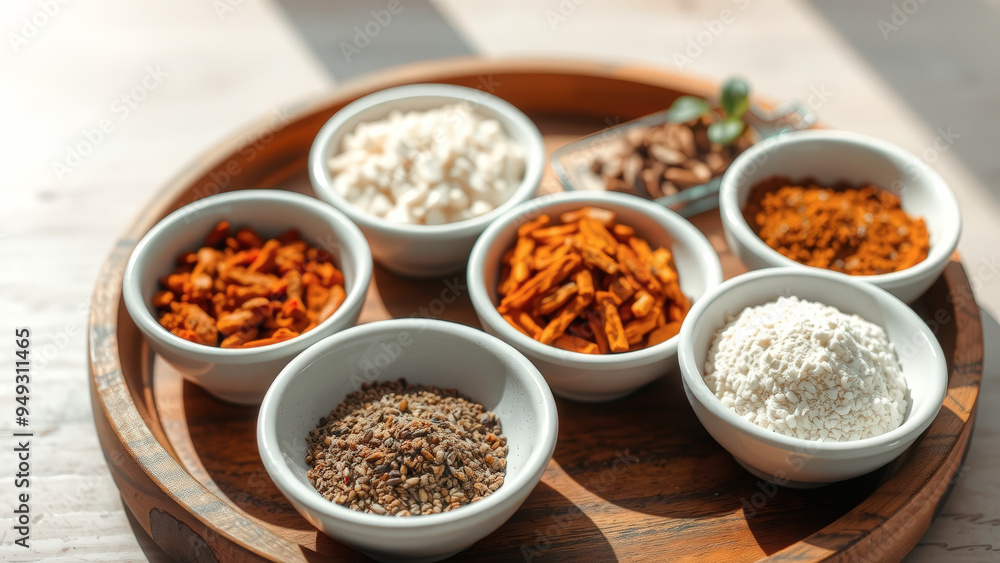 Assortment of Spices in White Bowls on a Wooden Tray Assortment of Spices in White Bowls on a Wooden Tray
