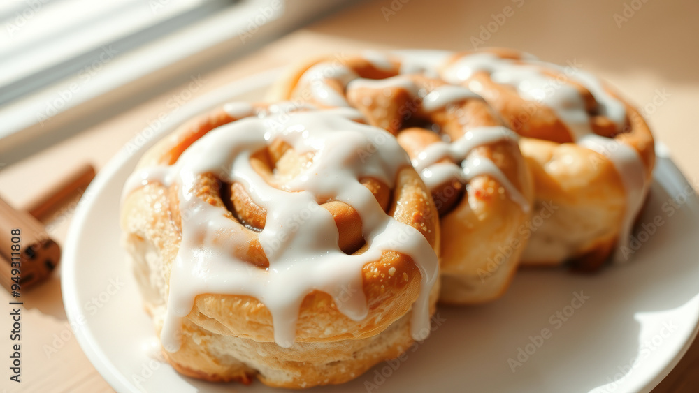 Close-up of Delicious Cinnamon Rolls with Creamy Glaze Close-up of Delicious Cinnamon Rolls with Creamy Glaze