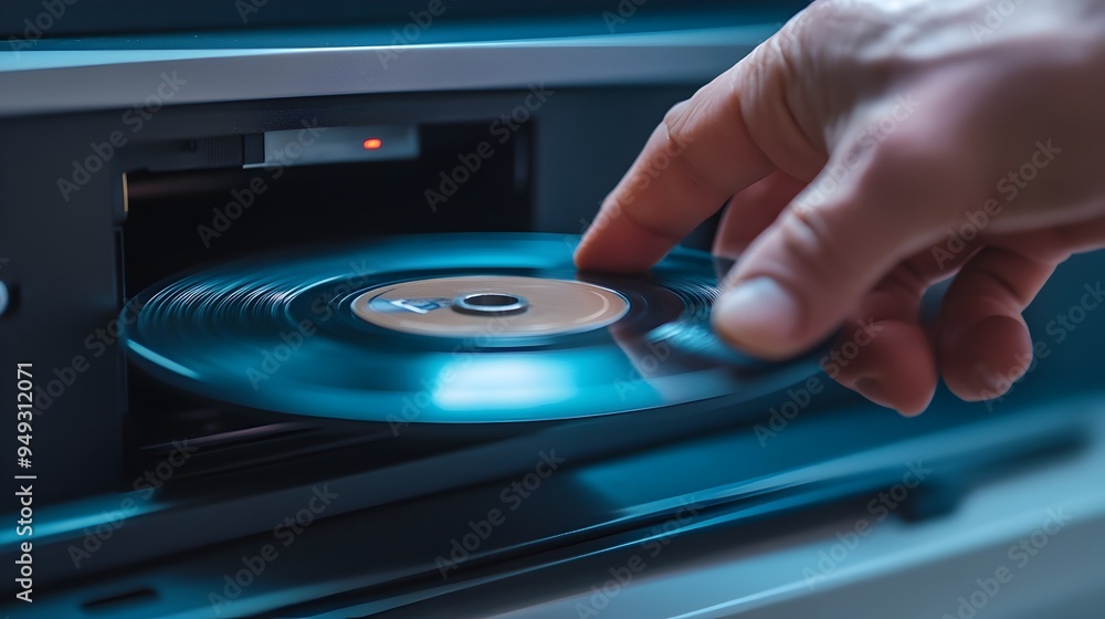 Hand Placing Disk into DVD Player Slot with Focus Hand Placing Disk into DVD Player Slot with Focus