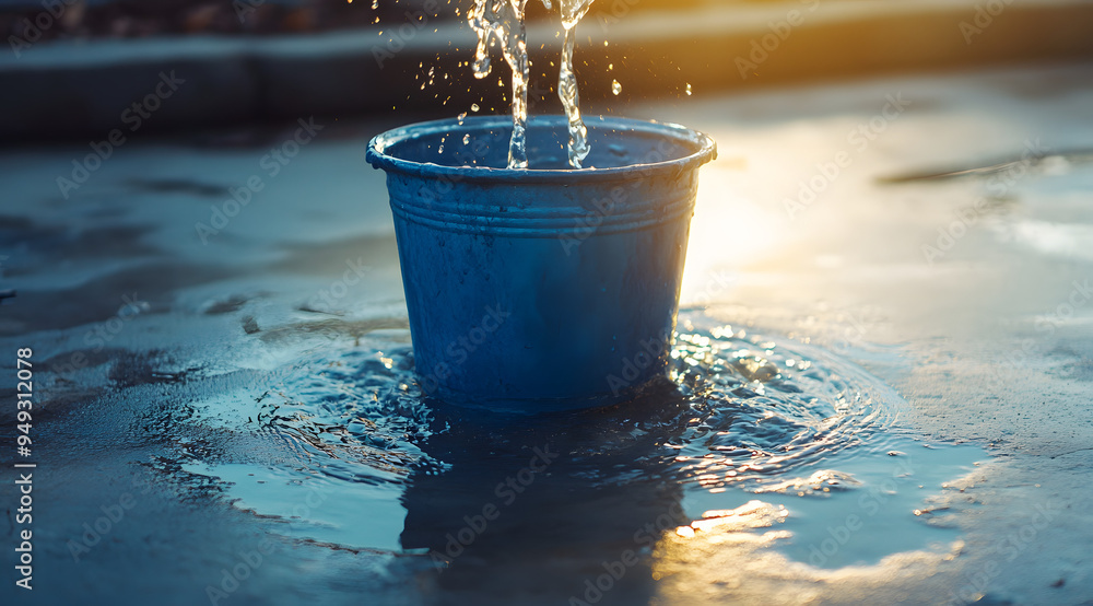 A Bucket Filled with Water Sitting on the Ground, Pouring Over the Edge, Capturing the Moment of Overflow, and Representing Concepts of Abundance, Excess, and the Unpredictable Flow of Life, Ideal for A Bucket Filled with Water Sitting on the Ground, Pouring Over the Edge, Capturing the Moment of Overflow, and Representing Concepts of Abundance, Excess, and the Unpredictable Flow of Life, Ideal for