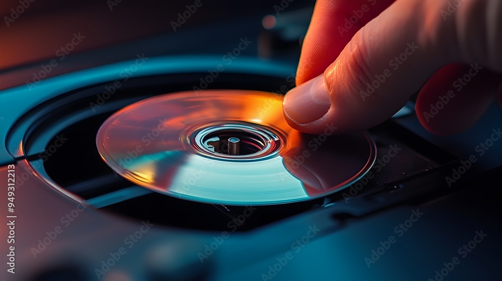 Hand Placing Disk into DVD Player with Focused Slot View Hand Placing Disk into DVD Player with Focused Slot View