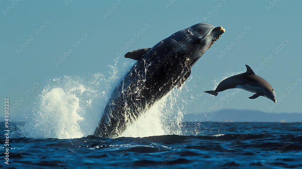 Fototapeta premium A dolphin leaps out of the water, followed by a smaller dolphin.