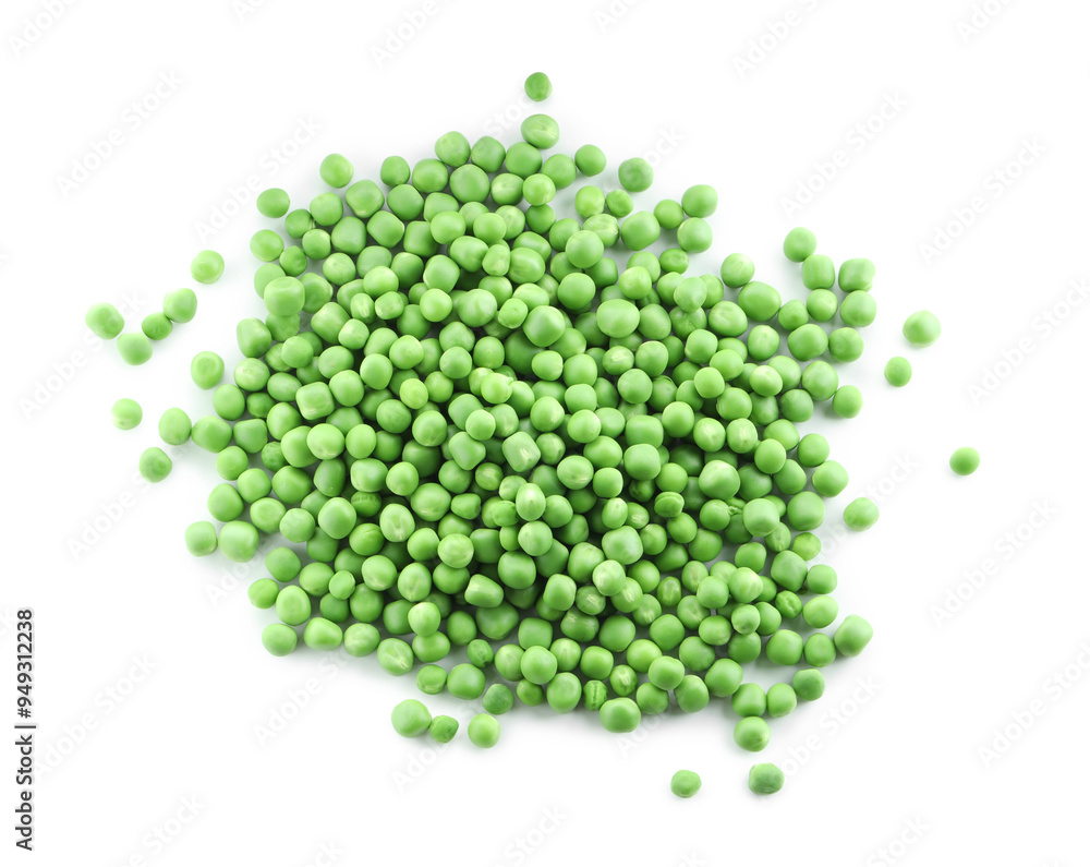 Pile of fresh green peas isolated on white, top view Pile of fresh green peas isolated on white, top view