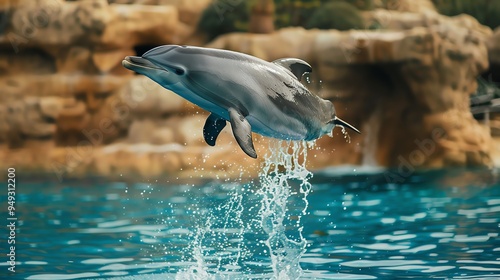 A dolphin leaps out of the water.