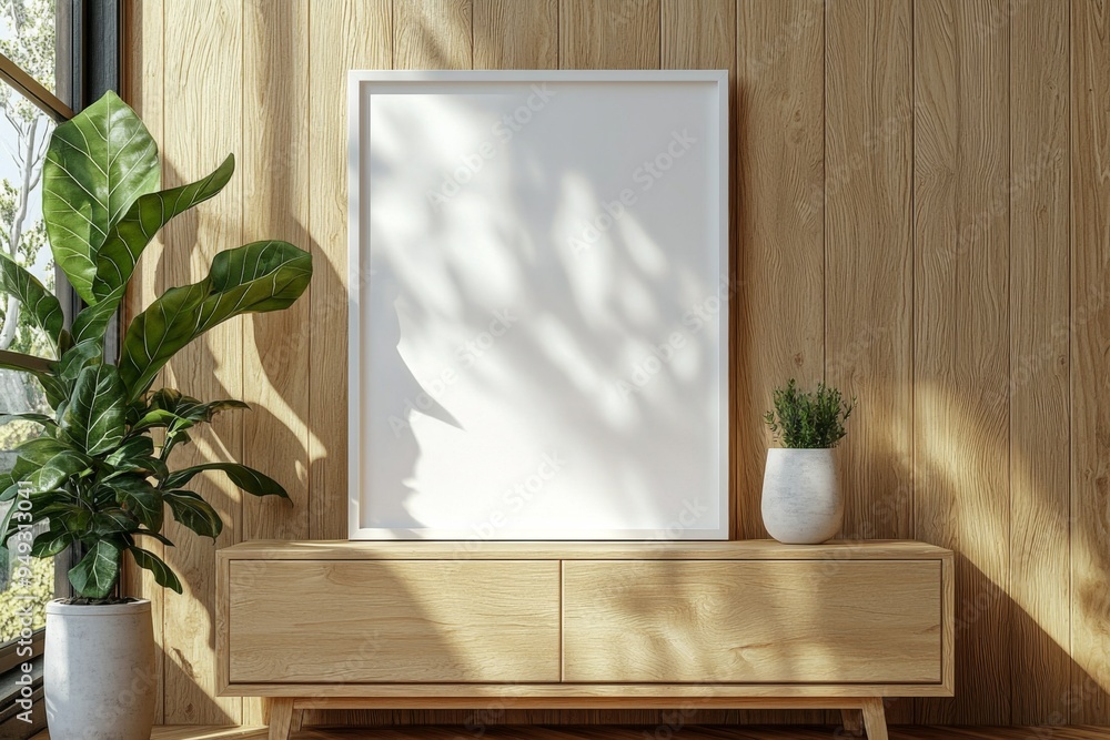 Poster Frame Mockup on Wooden Interior Background created with Generative AI Poster Frame Mockup on Wooden Interior Background created with Generative AI