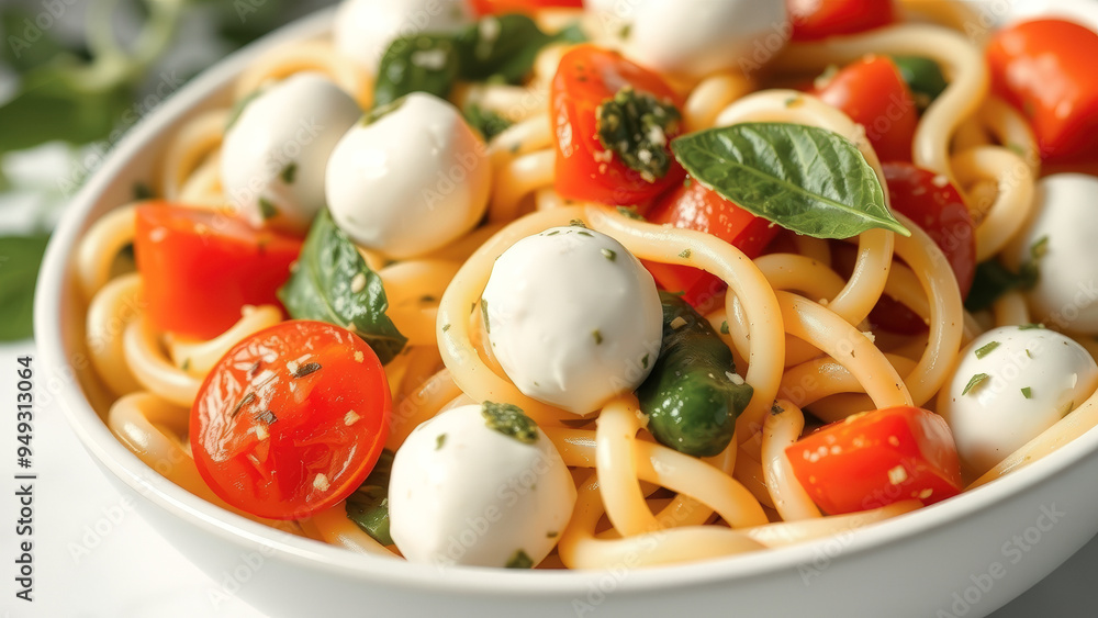 Close-up of a Bowl of Pasta with Cherry Tomatoes, Mozzarella Balls and Basil Close-up of a Bowl of Pasta with Cherry Tomatoes, Mozzarella Balls and Basil