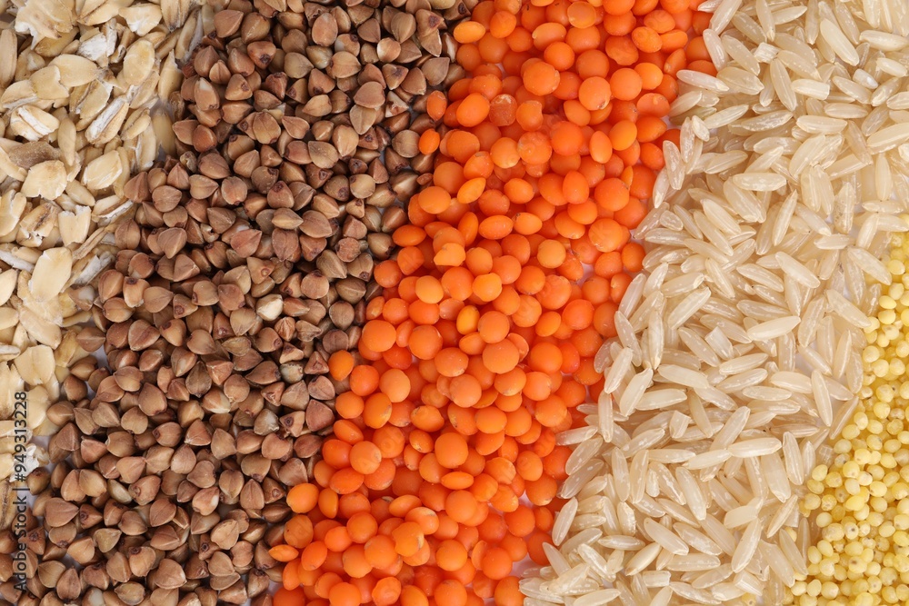 Different grains and cereals as background, top view Different grains and cereals as background, top view