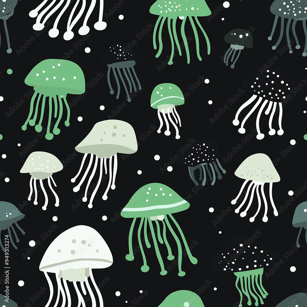 Jellyfish under the sea, seamless repeating pattern. Colors of black ...
