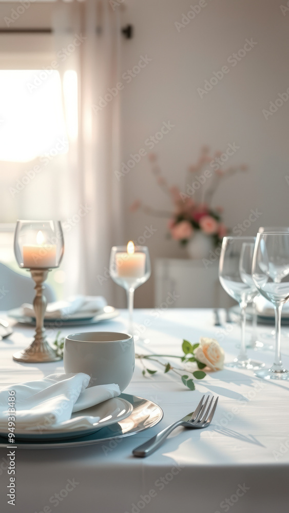 Romantic Dinner Setting with Candles and Wine Glasses Romantic Dinner Setting with Candles and Wine Glasses